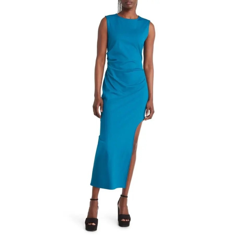 Open Edit Womens Ruched Side Slit Sleeveless Midi‎ Dress Teal Blue XS